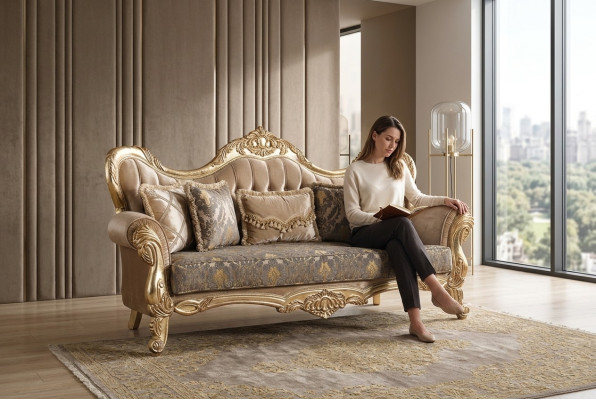 Chesterfield Baroque Canapé Trois Places Meubles Canapé Tissu Or Canapés