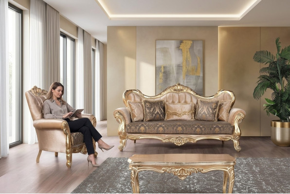 Ensemble de canapé Chesterfield en tissu pour meubles de style baroque rococo, table 3 pièces.