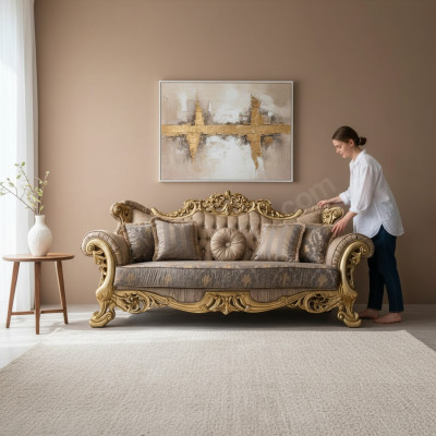Chesterfield Baroque Canapé 3 Places Meubles Canapé Tissu Or