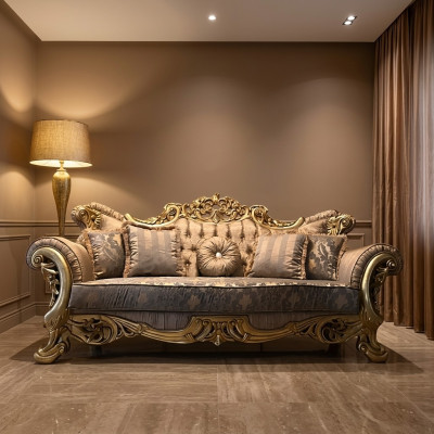 Chesterfield Baroque Canapé 3 Places Meubles Canapé Tissu Or
