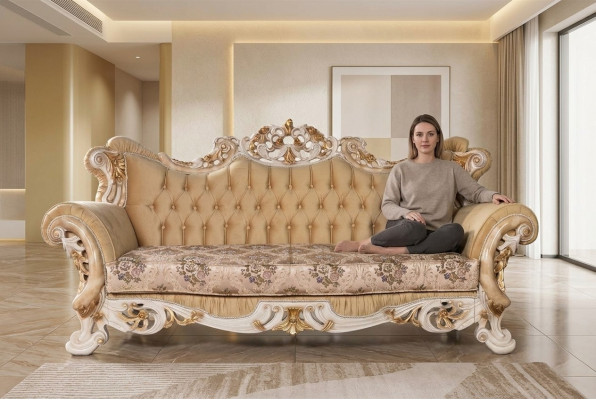 Chesterfield Baroque Canapé trois places Canapé Tissu beige