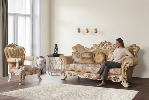 Salle de séjour Luxe Canapé Beige Ensemble de canapés Canapés Fauteuil 3+1 Places Tissu Design
