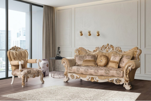 Salle de séjour Luxe Canapé Beige Ensemble de canapés Canapés Fauteuil 3+1 Places Tissu Design