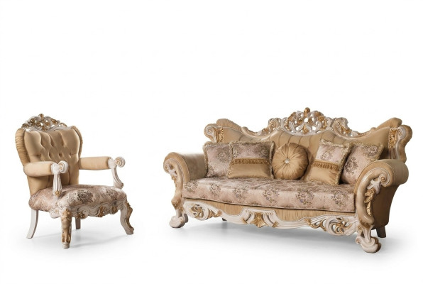 Salle de séjour Luxe Canapé Beige Ensemble de canapés Canapés Fauteuil 3+1 Places Tissu Design