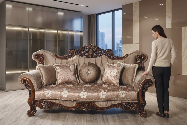 Canapé Chesterfield trois places en tissu brun de style baroque