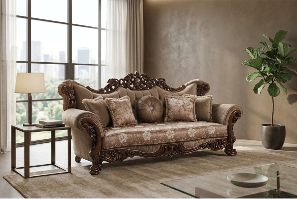Canapé Chesterfield trois places en tissu brun de style baroque