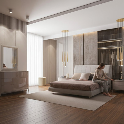 Lit double en bois, lits rembourrés, cadre de lit double, lit moderne de luxe pour chambre.