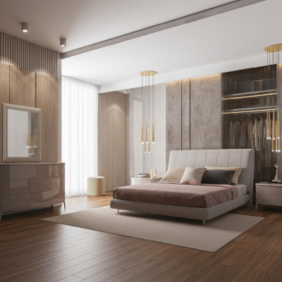 Lit double en bois, lits rembourrés, cadre de lit double, lit moderne de luxe pour chambre.