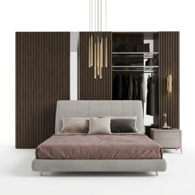 Lit double en bois, lits rembourrés, cadre de lit double, lit moderne de luxe pour chambre.
