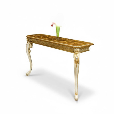 Table console de style maison de campagne, classique, tables de téléphone à aspect doré avec pieds sculptés.