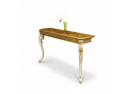 Table console de style maison de campagne, classique, tables de téléphone à aspect doré avec pieds sculptés.