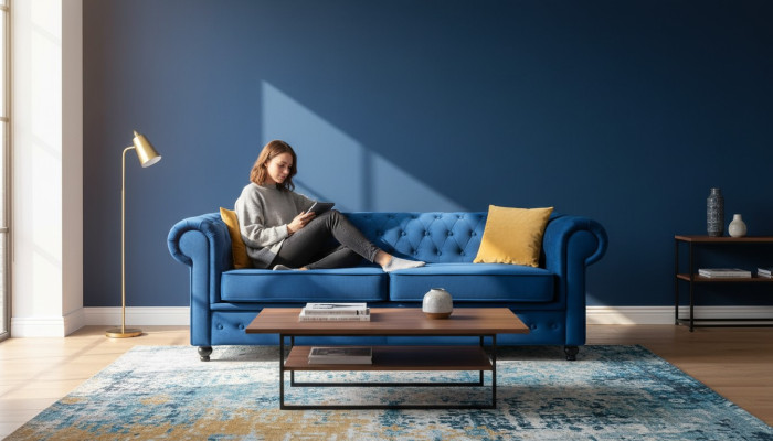 Canapés Rembourrage Canapés 3 Places Chesterfield Canapé en Textile Bleu Classique Designer Neuf
