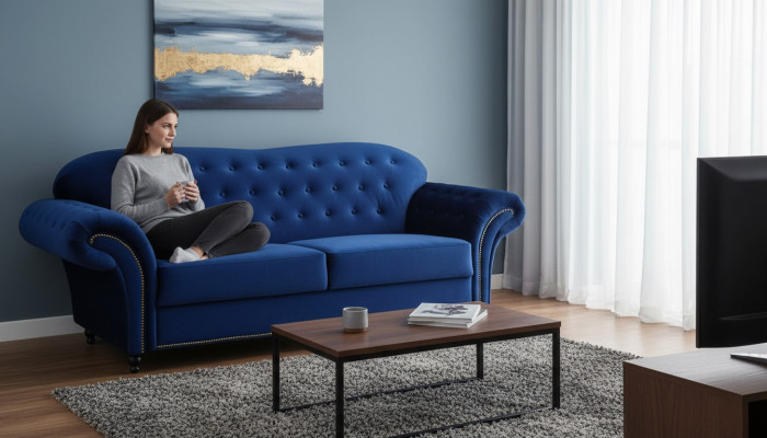Canapé trois places en tissu bleu e canapé rembourré mobilier ameublement canapés canapés