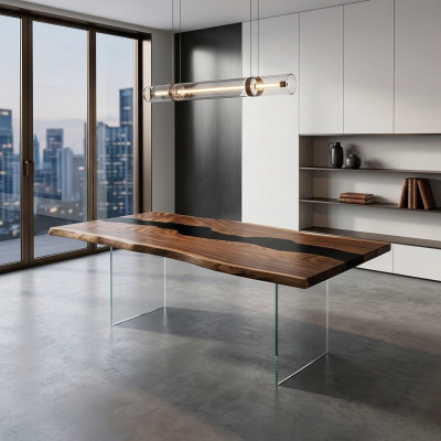 Table en résine époxy Table à manger Véritable bois Tables massives 183x90 Table de rivière