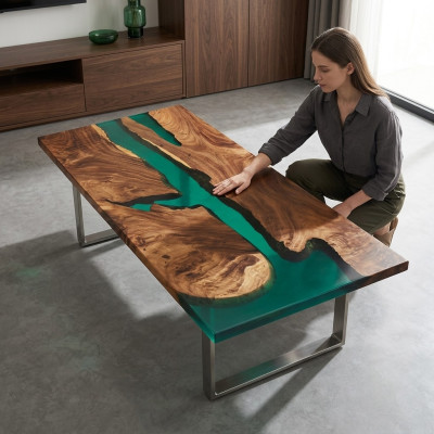 Table à manger en résine époxy, meuble massif en bois véritable, table en époxy en cascade 191x91cm