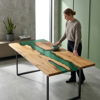 Table Table de salle à manger Tables résine époxy design en bois massif Meubles 200x91 Bois véritable époxy