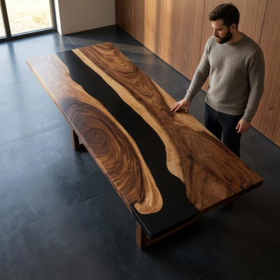 Table à manger en résine époxy, en bois massif, meuble en résine époxy, nouvelle table en cascade en bois massif.