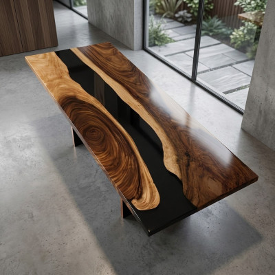 Table à manger en résine époxy, en bois massif, meuble en résine époxy, nouvelle table en cascade en bois massif.