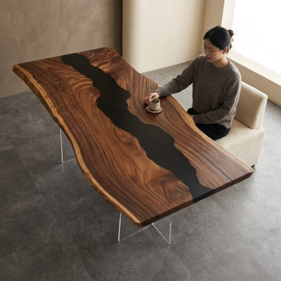 Table rivière en résine époxy bois massif tables d'eau noires Meubles en époxy nouveaux
