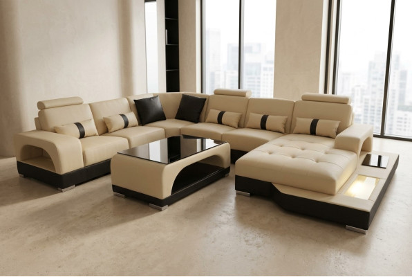 Canapé en cuir moderne Design canapé Mobilier de salon + Table Canapés d'angle Siège avec USB