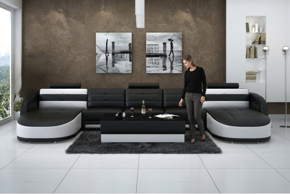Conception Canapé d'angle en cuir de salon moderne USB noir de suite moderne.