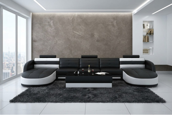 Conception Canapé d'angle en cuir de salon moderne USB noir de suite moderne.