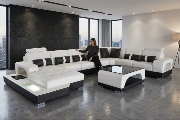 Canapé d'angle Suite d'angle Canapé design Canapé Sofa Canapé Rembourrage Paysage de vie LED USB
