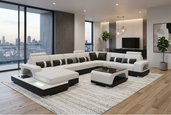 Canapé d'angle Suite d'angle Canapé design Canapé Sofa Canapé Rembourrage Paysage de vie LED USB