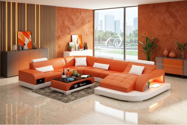 Canapé en cuir Canapé Canapé-grisant Canapé d'angle Ensemble d'angle Design Moderne Sofa USB nouveau