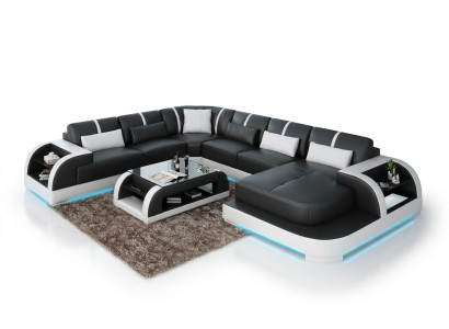 Canapé en cuir moderne avec design de paysage de vie, canapé d'angle, canapé en coin, canapé lumineux USB