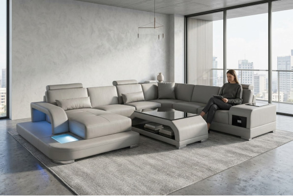 Canapé d'angle avec USB Revêtement en cuir gris Siège de canapé Suite moderne Paysage vivant