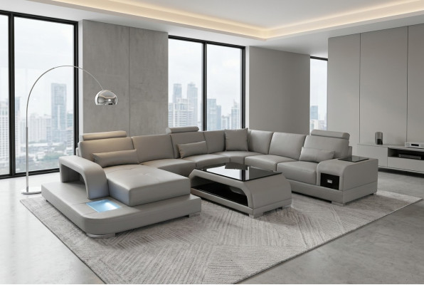 Canapé d'angle avec USB Revêtement en cuir gris Siège de canapé Suite moderne Paysage vivant
