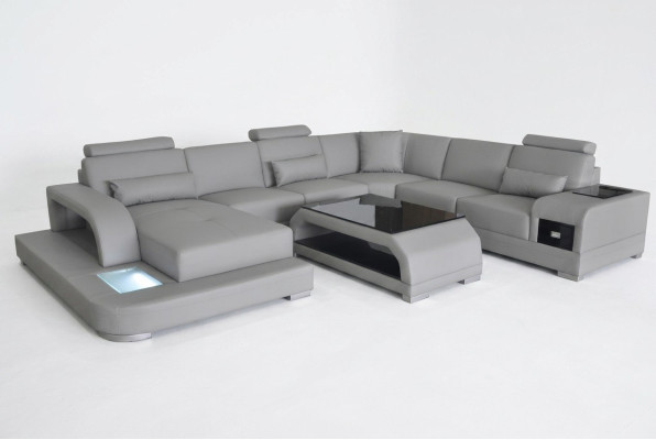 Canapé d'angle avec USB Revêtement en cuir gris Siège de canapé Suite moderne Paysage vivant