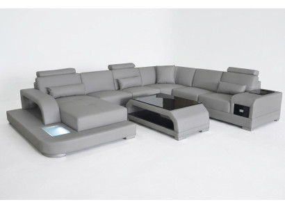 Canapé d'angle avec USB Revêtement en cuir gris Siège de canapé Suite moderne Paysage vivant