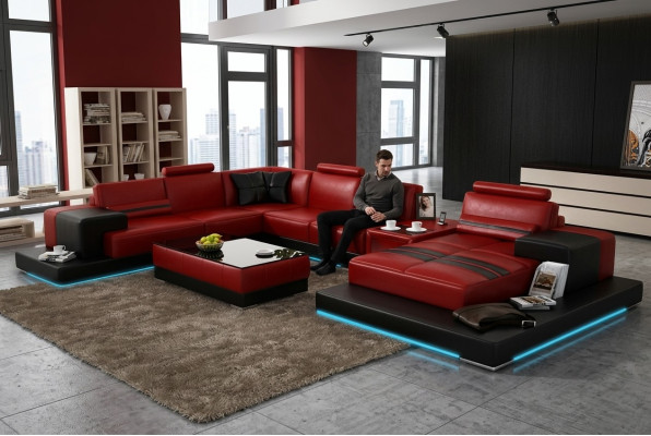 Canapé en cuir Canapé Paysage vivant Canapé d'angle Suite d'angle Design Canapé moderne + USB