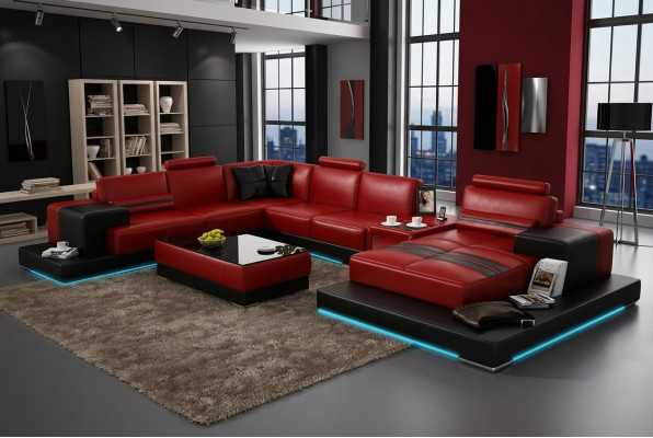 Canapé en cuir Canapé Paysage vivant Canapé d'angle Suite d'angle Design Canapé moderne + USB