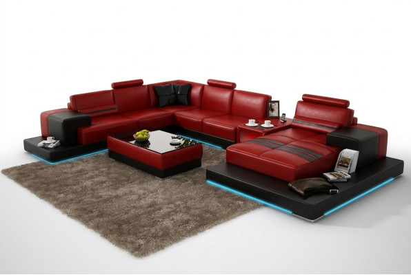 Canapé en cuir Canapé Paysage vivant Canapé d'angle Suite d'angle Design Canapé moderne + USB