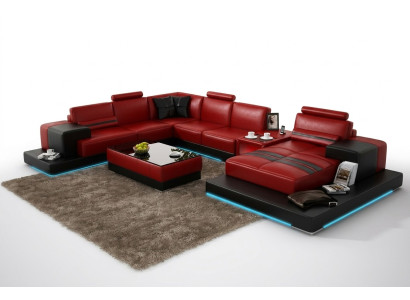 Canapé en cuir Canapé Paysage vivant Canapé d'angle Suite d'angle Design Canapé moderne + USB