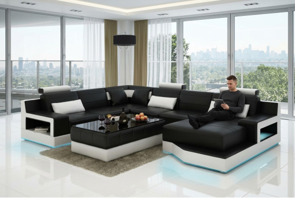 Conception Canapé d'angle en cuir de salon moderne noir avec ports USB