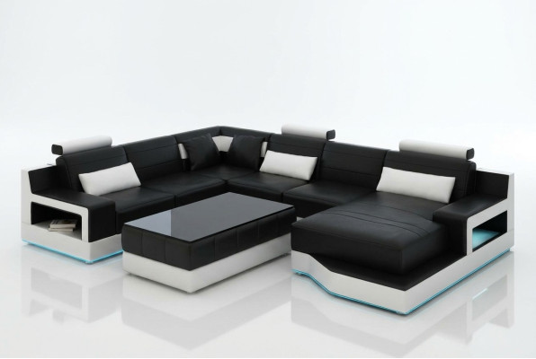 Conception Canapé d'angle en cuir de salon moderne noir avec ports USB