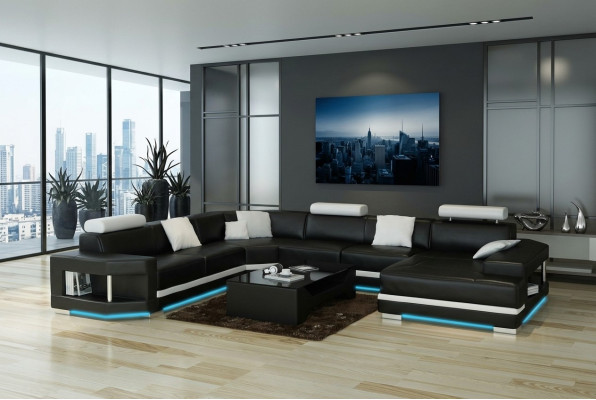 Canapé en cuir Canapé Canapé en cuir paysager Coin canapé Suite Design Moderne Canapé avec USB