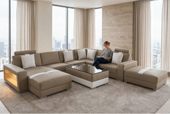 Canapé d'angle en forme de U avec coussin de siège en coin Canapés design moderne en cuir d'angle + USB