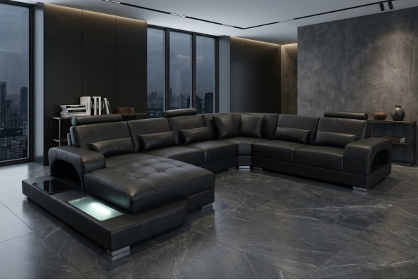 Conception Canapé d'angle en cuir avec prise USB dans le coin du siège de la pièce avec LED salon canapés d'angle.