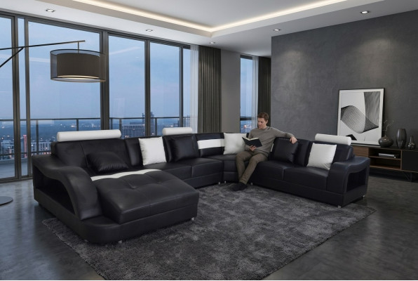 Canapé en cuir avec port USB, ensemble de coins de vie, design de canapés modernes en forme de U.