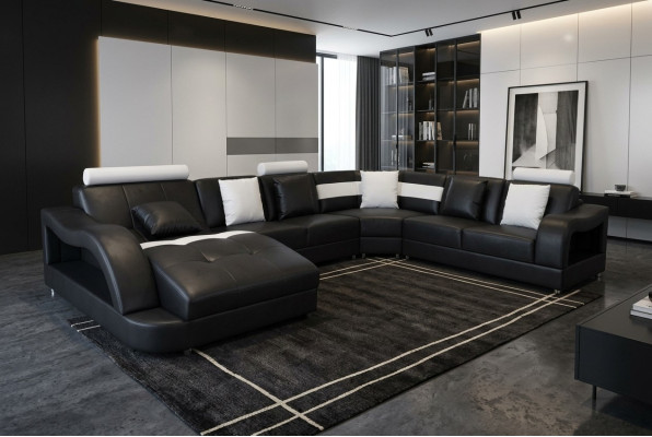 Canapé en cuir avec port USB, ensemble de coins de vie, design de canapés modernes en forme de U.
