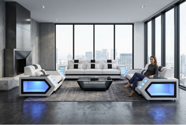Canapé canapé Siège Rembourrage Complet Ensemble Groupe Cuir 3+2+1 + LED + USB nouveau