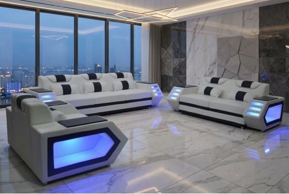 Canapé canapé Siège Rembourrage Complet Ensemble Groupe Cuir 3+2+1 + LED + USB nouveau