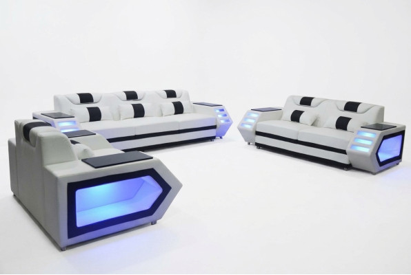 Canapé canapé Siège Rembourrage Complet Ensemble Groupe Cuir 3+2+1 + LED + USB nouveau