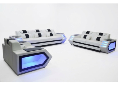 Canapé canapé Siège Rembourrage Complet Ensemble Groupe Cuir 3+2+1 + LED + USB nouveau