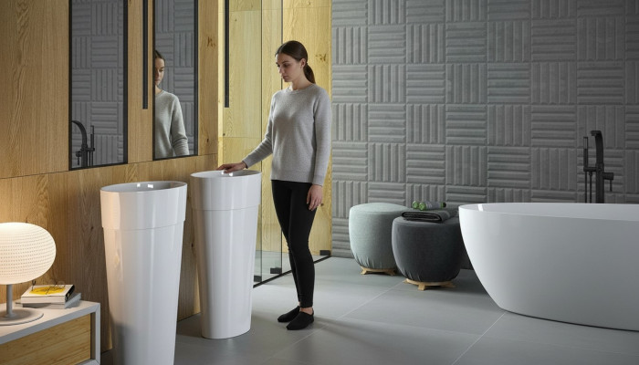 Lavabo moderne en acrylique design pour salle de bains, lavabo sur pied.